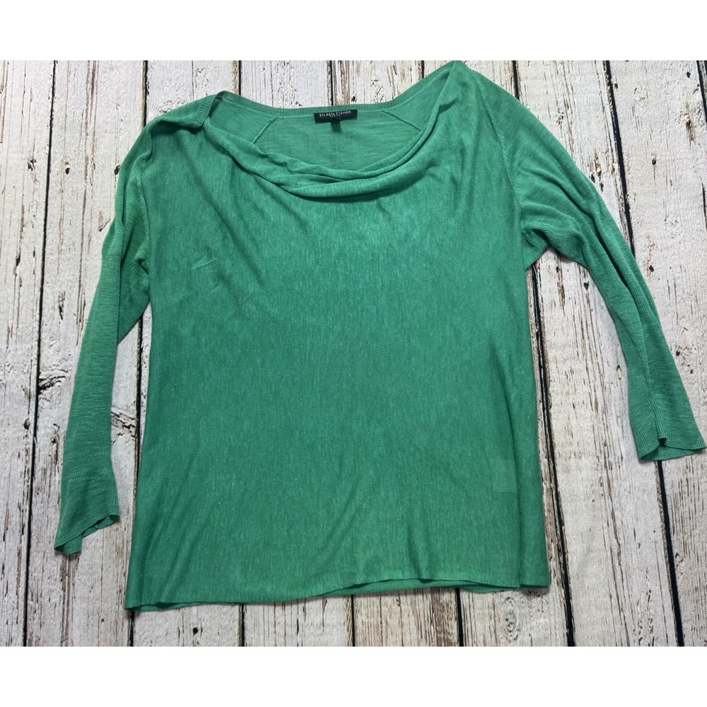 Eileen Fisher Drape Cowl Neck Linen Silk Shirt Emerald Green Minimalist PM